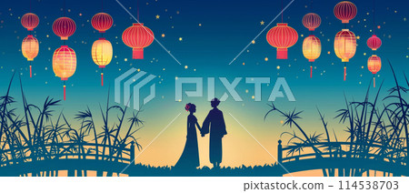 A couples silhouette stands under a starry sky adorned with vibrant paper lanterns, creating an enchanting and romantic atmosphere. 114538703
