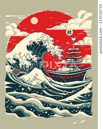 Graphic art of a pagoda silhouette against a backdrop of large waves and a bold red sun, embodying traditional Asian elements. 114538710