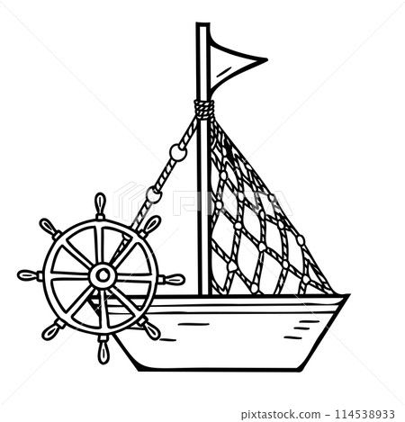 Cute Ship, Boat with Steering Wheel. Hand drawn Vector illustration. Graphic Sketch. Isolated summer sea nautical element. 114538933
