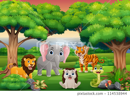 Cute wild animals cartoon in the landscape background 114538944