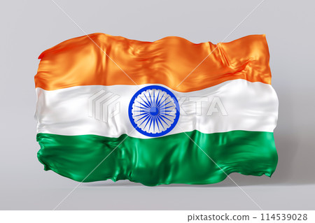 Indian flag in a realistic, waving form against a plain background, capturing the spirit of Indian Independence Day with elegance and pride. 3D render. Indian flag in a realistic, waving form against a plain background, capturing the spirit of Indian Independence Day with elegance and pride. 3D render. 114539028