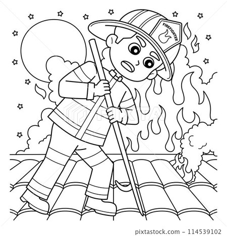 Firefighter Poking Roof Coloring Page for Kids Firefighter Poking Roof Coloring Page for Kids 114539102