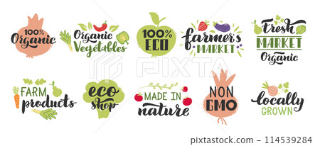 Organic fruits and veggies labels. Vegetarian fruits, vegetables lettering badges. Fresh ecological products 114539284
