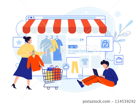 Mobile online shopping. Online store selling clothes. Man looking for products in internet using laptop 114539292