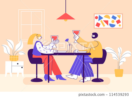 Man and woman couple having romantic dinner in restaurant. Cartoon couple spending time together in cafe 114539293