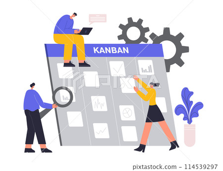 Kanban board concept. Cartoon employees assigning tasks for team members. Business management, colleagues working Kanban board concept. Cartoon employees assigning tasks for team members. Business management, colleagues working 114539297