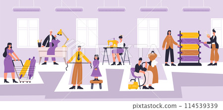 Fashion atelier workers, sewing, dressmaking workshop interior. Designer studio with workers choosing materials 114539339