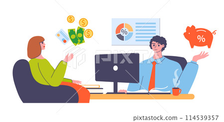 People money save, success financial investment concept. Woman client coming to bank, opening savings account 114539357
