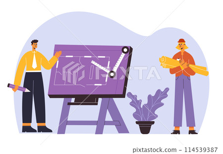 Builders, engineers, architects professional construction team workers concept. Man and female characters Builders, engineers, architects professional construction team workers concept. Man and female characters 114539387