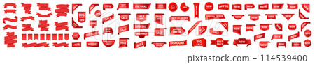 Big set label tags, realistic red price ribbon. Red sale stickers, best sellers, hot price, special offers. Promotional emblems 114539400