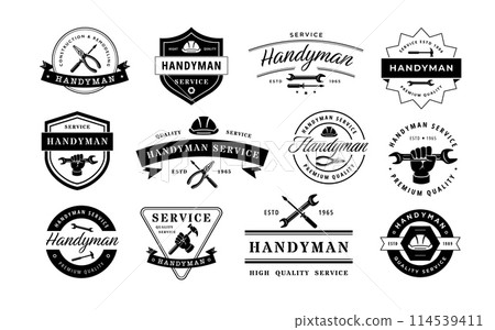 Handyman emblem. Vintage high quality service badges, professional workshop label vector template set Handyman emblem. Vintage high quality service badges, professional workshop label vector template set 114539411
