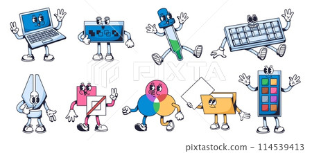 Graphic design mascots. Creative tools for digital artists, laptop computer character, pen and dropper tool, color pallet cartoon vector illustration set 114539413