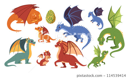 Adult and young magic dragons. Magical creature egg, dragon family and mythical beasts cartoon vector illustration set Adult and young magic dragons. Magical creature egg, dragon family and mythical beasts cartoon vector illustration set 114539414