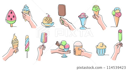 One line ice cream. Twisted lollipop, watermelon slice popsicle, classic sundae treats and cone ice creams with holding hand vector illustration set with editable stroke paths 114539423
