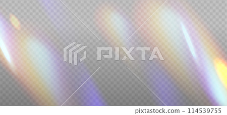 Rainbow dispersion highlights overlay template on a light background. Glare or reflection from water and glass. Glittering particles for social media backgrounds, photo shots. Vector eps10 Rainbow dispersion highlights overlay template on a light background. Glare or reflection from water and glass. Glittering particles for social media backgrounds, photo shots. Vector eps10 114539755