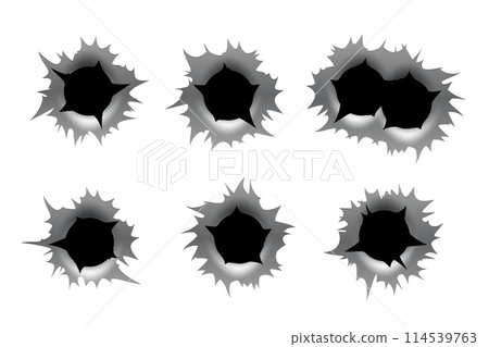Bullet holes set isolated on white background. Realistic ragged metal holes row. Damage effect Bullet holes set isolated on white background. Realistic ragged metal holes row. Damage effect 114539763