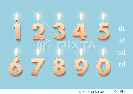 Birthday candles set for anniversary cake vector illustration. 3D realistic beige wax numbers with fire, burning numeral figures with candlelight on blue background for invitation, greeting card Birthday candles set for anniversary cake vector illustration. 3D realistic beige wax numbers with fire, burning numeral figures with candlelight on blue background for invitation, greeting card 114539764