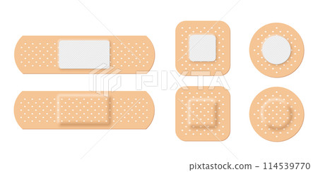 Adhesive bandage set of rectangle, square and round shapes vector illustration. 3d realistic elastic band aid, back and front view of beige plaster for emergency medical care isolated on white Adhesive bandage set of rectangle, square and round shapes vector illustration. 3d realistic elastic band aid, back and front view of beige plaster for emergency medical care isolated on white 114539770