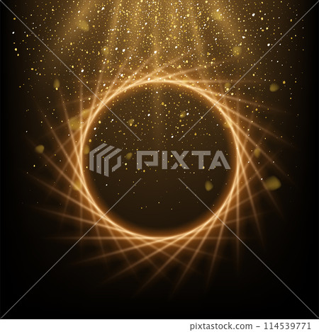 Golden circle with rays, glitter dust with shine and glow light effect vector illustration. Gold particles falling on magic round vortex, luxury rain of confetti with bokeh in festive wallpaper Golden circle with rays, glitter dust with shine and glow light effect vector illustration. Gold particles falling on magic round vortex, luxury rain of confetti with bokeh in festive wallpaper 114539771