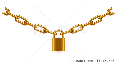 Padlock and chain vector illustration. Steel gold lock with link isolated on white background. Secure privacy and business information. Personal data protection. Safety golden concept Padlock and chain vector illustration. Steel gold lock with link isolated on white background. Secure privacy and business information. Personal data protection. Safety golden concept 114539776