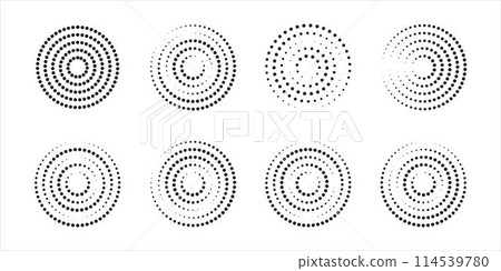 Concentric circles with broken dotted lines isolated on white background. Circular ripple icons. Whirlpool, sonar wave, soundwave, sunburst, signal signs. Vector graphic illustration Concentric circles with broken dotted lines isolated on white background. Circular ripple icons. Whirlpool, sonar wave, soundwave, sunburst, signal signs. Vector graphic illustration 114539780