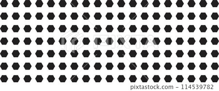Repeating black hexagones on white background. Perforated surface with honeycomb holes. Bee hive texture. Pegboard, radiator or speaker grid. Mosaic wall or floor pattern. Vector graphic illustration Repeating black hexagones on white background. Perforated surface with honeycomb holes. Bee hive texture. Pegboard, radiator or speaker grid. Mosaic wall or floor pattern. Vector graphic illustration 114539782