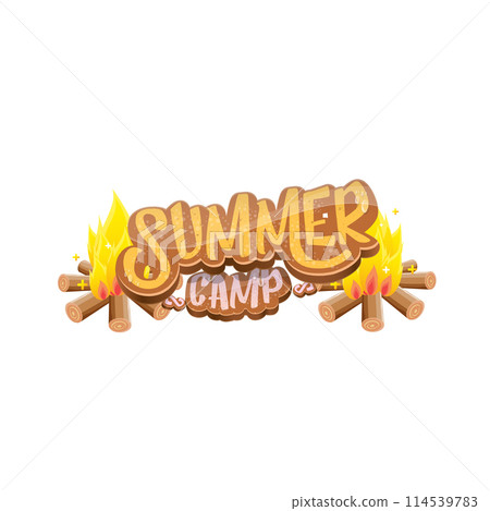 vector summer camp cartoon logo with campfire isolated on white background. Summer camp vintage funky flyer, funny label and poster design template with fireplace and summer camp text vector summer camp cartoon logo with campfire isolated on white background. Summer camp vintage funky flyer, funny label and poster design template with fireplace and summer camp text 114539783