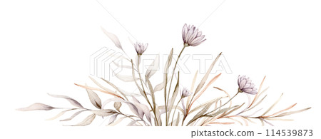 Watercolor frame of floral delicate pastel vintage green violet purple green bouquet. Hand drawn illustration isolated on white background. Flower and leaves composition for stationary or textile Watercolor frame of floral delicate pastel vintage green violet purple green bouquet. Hand drawn illustration isolated on white background. Flower and leaves composition for stationary or textile 114539873