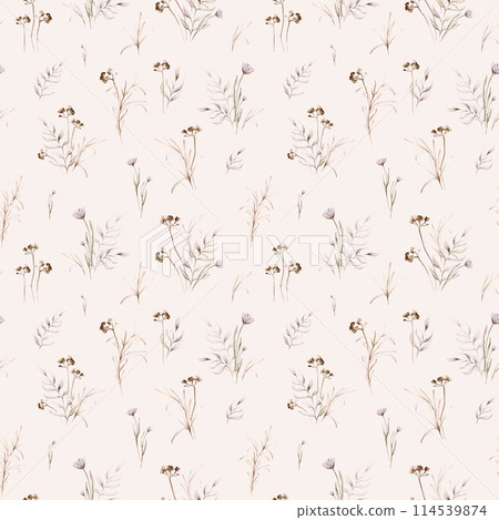 Watercolor seamless pattern with floral delicate pastel vintage green violet purple bouquet. Hand drawn illustration isolated on background. Flower and leaves composition for textile or background Watercolor seamless pattern with floral delicate pastel vintage green violet purple bouquet. Hand drawn illustration isolated on background. Flower and leaves composition for textile or background 114539874