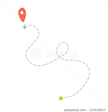 Road line path Vector icon, Route with start point, Dash line trace and Destination. Hand drawn Flat Cartoon Illustration Isolated on White. Map Tag and dotted line Design Object, Vacation and Travel 114539937