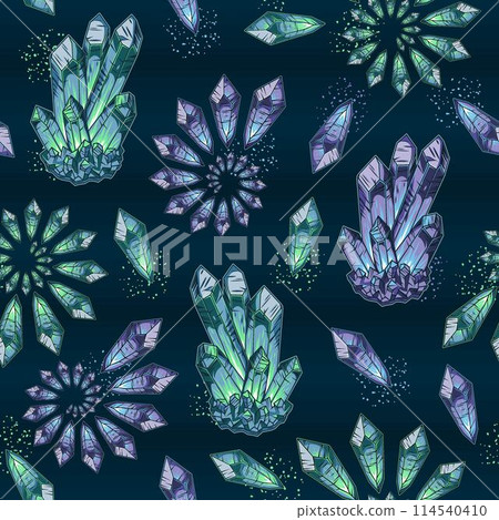 Pattern with glowing crystal gems on black 114540410