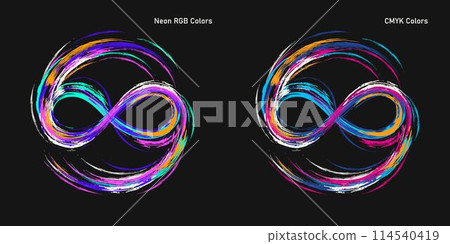 Infinity sign drawn with neon splatter paint 114540419