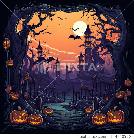 Haunted Castle Halloween Scene with Pumpkin Pathway 114540590