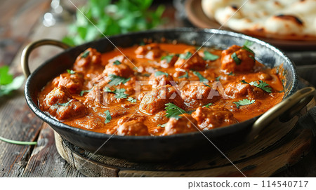 Sizzling vegan curry served in a rustic iron skillet Sizzling vegan curry served in a rustic iron skillet 114540717