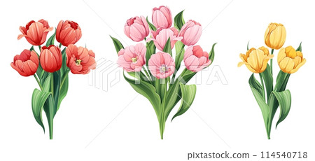 Set of tulips on isolated background. A bouquet of spring flowers for the decoration of cards, banners, posters, invitations, etc. Set of tulips on isolated background. A bouquet of spring flowers for the decoration of cards, banners, posters, invitations, etc. 114540718