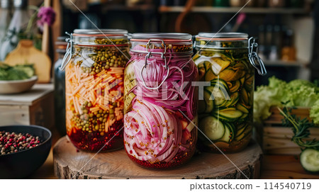 Various colorful fermented vegetables displayed in clear jars Various colorful fermented vegetables displayed in clear jars 114540719
