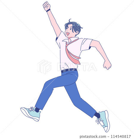 A male student in a summer uniform jumping energetically A male student in a summer uniform jumping energetically 114540817