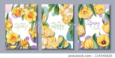 Three cards featuring yellow flowers and green leaves in a botanical pattern Three cards featuring yellow flowers and green leaves in a botanical pattern 114540826