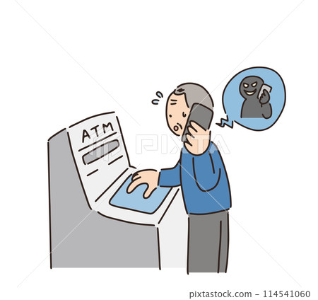 一名老人打電話時操作 ATM 的插圖 114541060