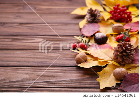 Autumn leaves with berries on a brown background 114541061