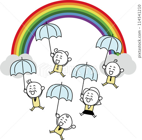 大彩虹和微笑的人們撐著雨傘 114541210