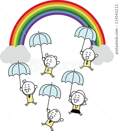 大彩虹和微笑的人們撐著雨傘 大彩虹和微笑的人們撐著雨傘 114541211