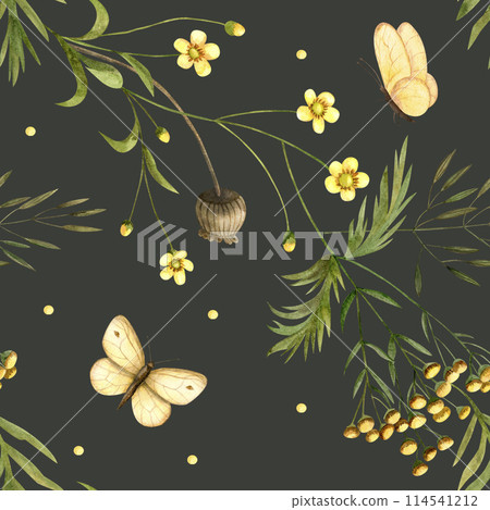 Seamless pattern of wild flowers, herbs on a dark background. Watercolor illustrations of buttercup, tansy, butterflies 114541212