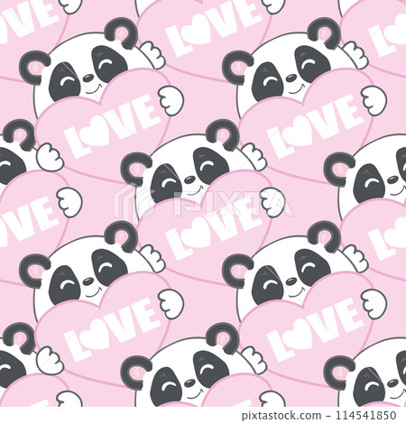 Seamless pattern with hand drawn cute pandas and hearts for Valentine's Day, mother's day, birthday, wedding. Pink background. 114541850