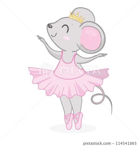 Hand drawn beautiful, lovely, little mouse ballerina girl with crown on her head. 114541865