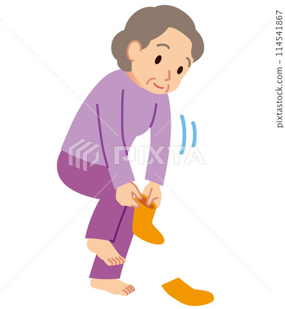 Elderly people putting on socks while standing Health Care Elderly people putting on socks while standing Health Care 114541867
