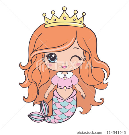 Little mermaid princess hugging a seahorse in pink seashell. Fantasy vector illustration isolated Little mermaid princess hugging a seahorse in pink seashell. Fantasy vector illustration isolated 114541943