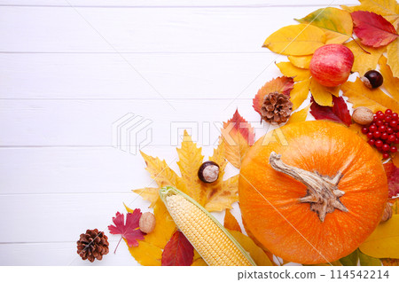 Orange pumpkin with leaves and vegetables on white 114542214