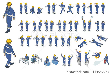 Isometric people illustration: worker outline in work clothes and helmet Isometric people illustration: worker outline in work clothes and helmet 114542237
