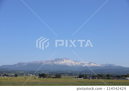 Gassan in spring as seen from the rice fields Gassan in spring as seen from the rice fields 114542429